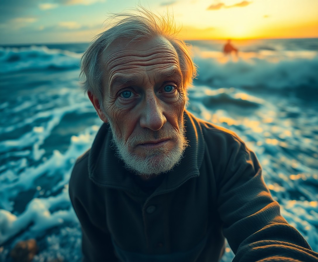 AI generated art for prompt: Create a hyperrealistic portrait of an old boy with piercing blue eyes, set against the backdrop of 