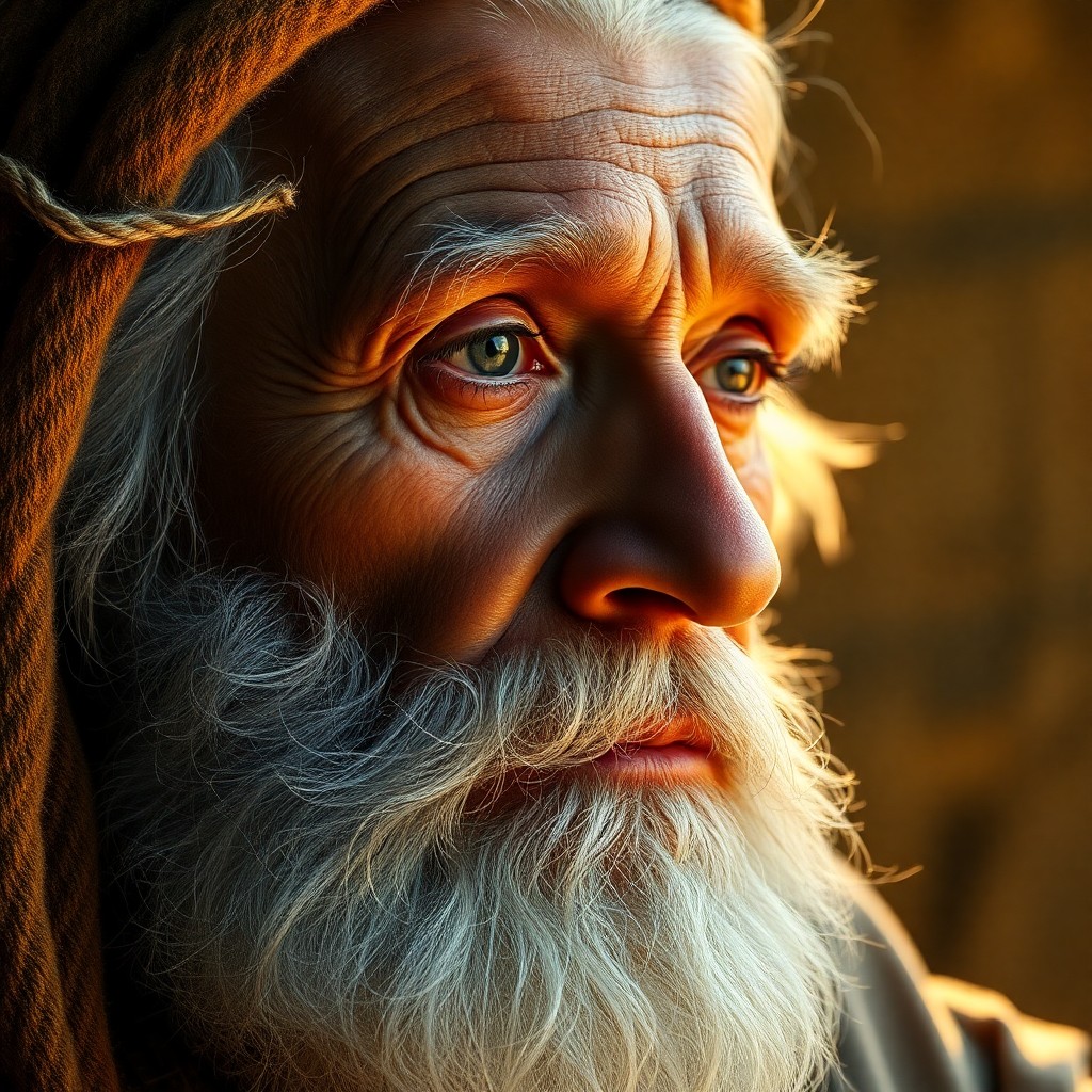 AI generated art for prompt: Imagine an ultra-realistic portrait that captures the soulful gaze of a wise old sage, bathed in sof