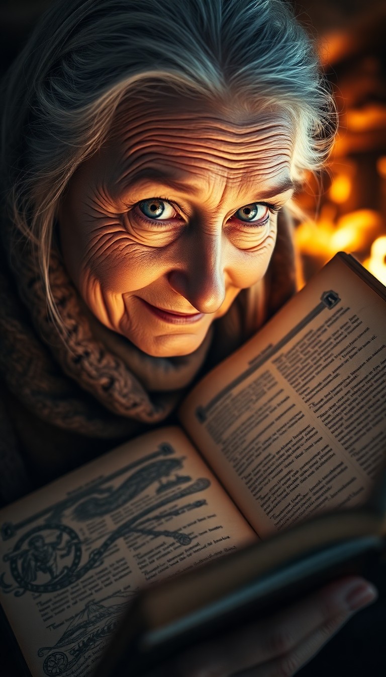 AI generated art for prompt: A mesmerizing portrait of a wise old Nordic woman with shy blue eyes and a knowing smile, illuminate