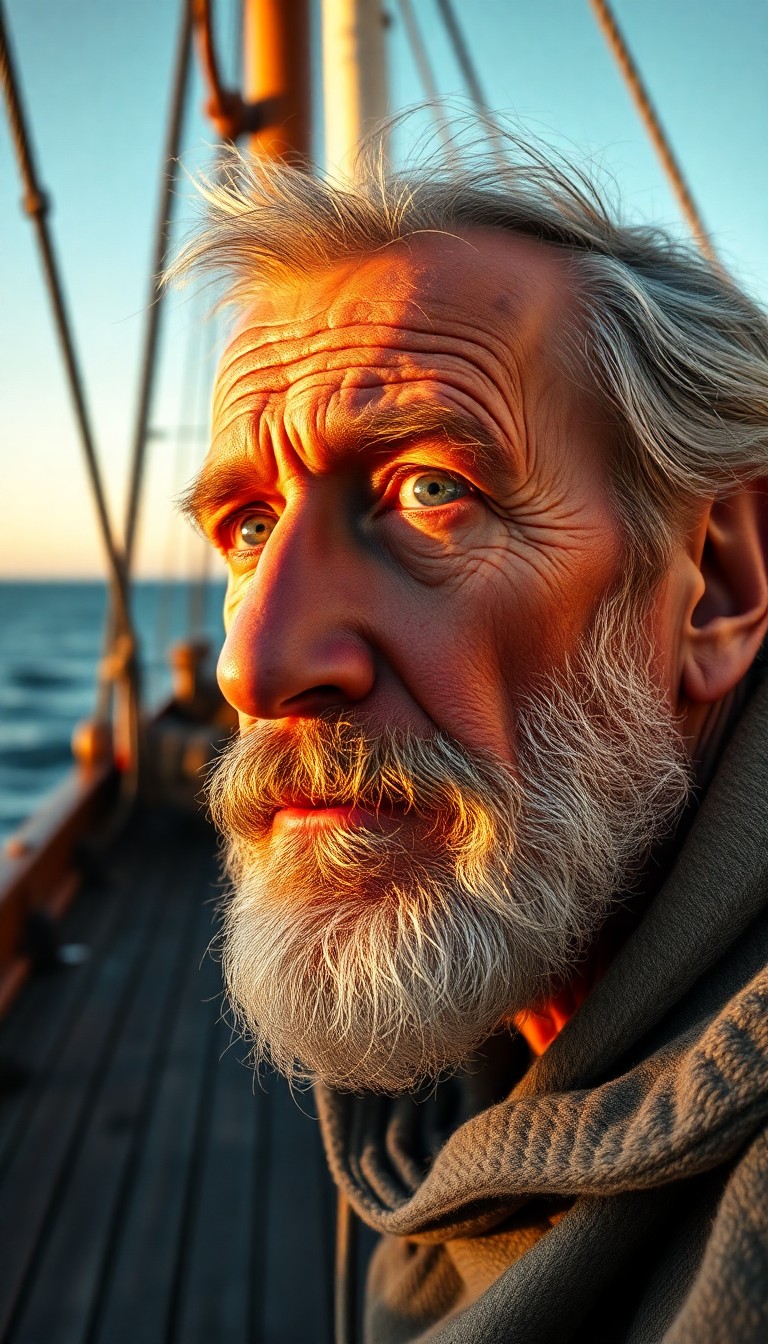 AI generated art for prompt: Capture a hyperrealistic portrait of an aged sailor, his face weathered and rugged, kind blue eyes g