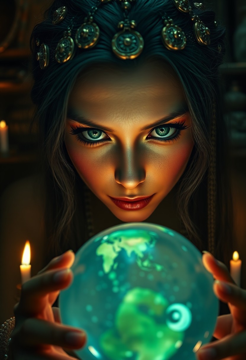 AI generated art for prompt: A hyperrealistic portrait captures the enigmatic essence of a female fortune teller, her piercing em