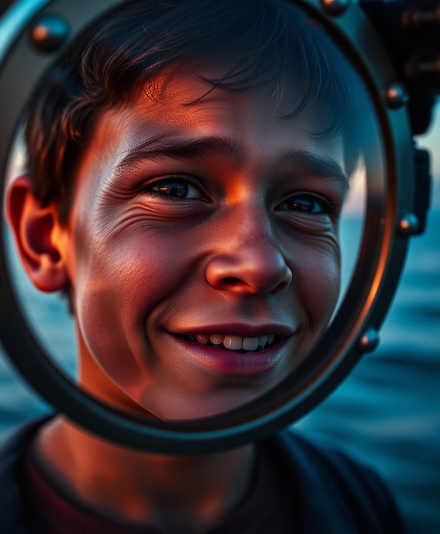 AI generated art for prompt: In the twilight glow, capture an ultrarealistic portrait of an excited boy, his face etched with dee