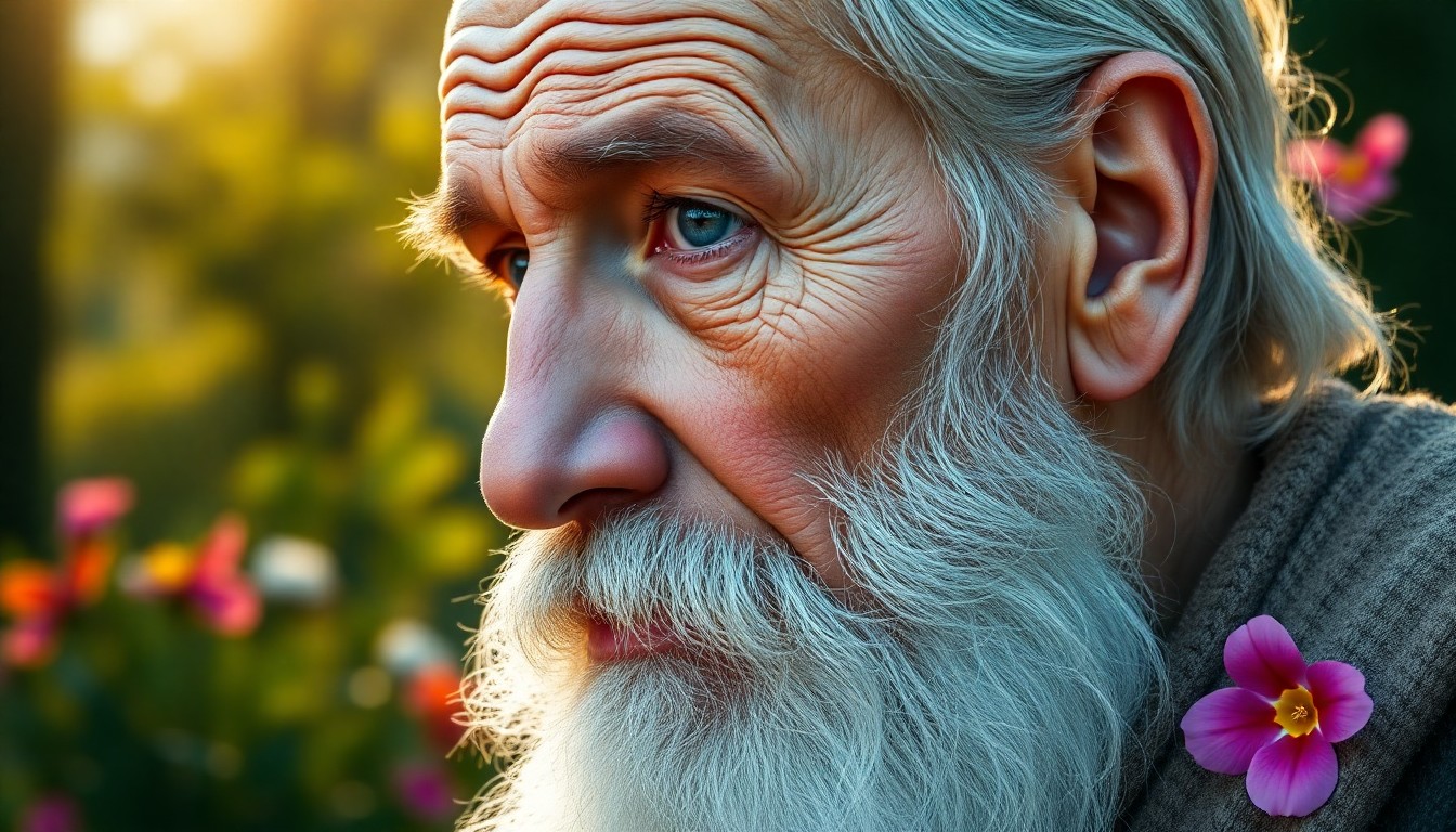 AI generated art for prompt: A portrait, captured by a digital camera, depicts an aged sage with tender blue eyes, weathered skin