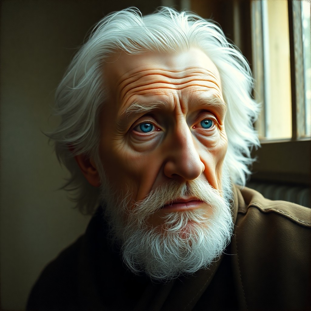 AI generated art for prompt: Create an oil-painted portrait of a wise old scholar with shy blue eyes and a time-worn face, framed