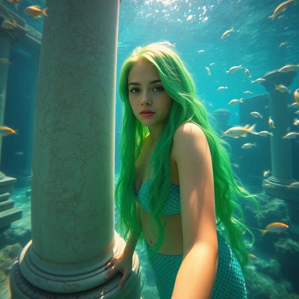 AI generated art for prompt: Create a portrait photograph that captures the ethereal beauty of a young mermaid with vibrant, casc