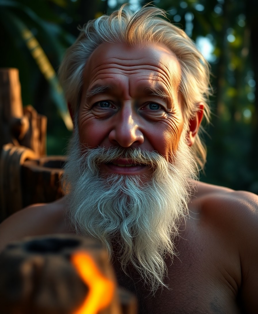 AI generated art for prompt: Create a hyperrealistic portrait of an aged Micronesian man with sun-kissed skin, serene blue eyes, 