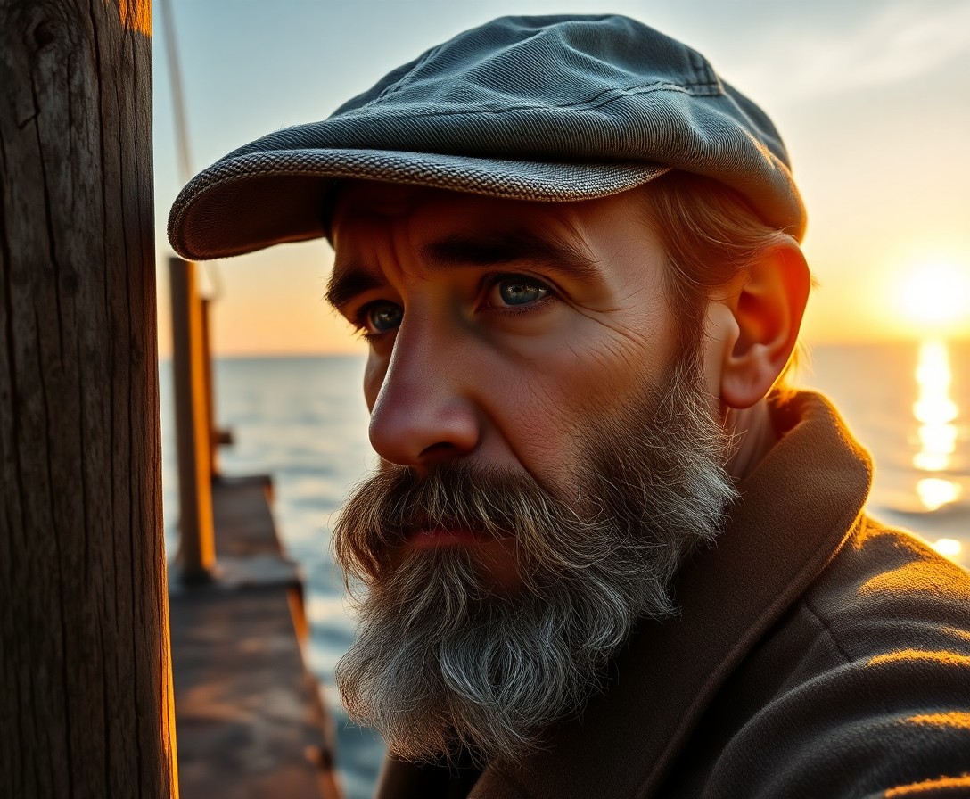 AI generated art for prompt: A highly detailed, ultrarealistic portrait captures a well-traveled fisherman with deep oceanic eyes