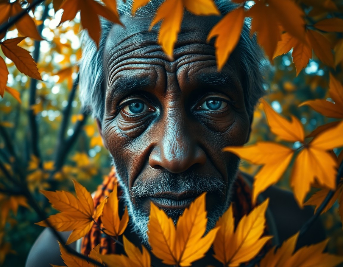 AI generated art for prompt: Immerse yourself in an ultra-realistic portrait of an aged Melanesian man with shy blue eyes, framed