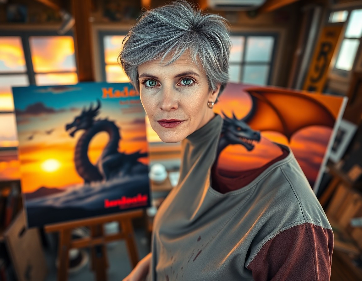 AI generated art for prompt: Create a photorealistic portrait of a middle-aged female artist with short, salt-and-pepper hair and