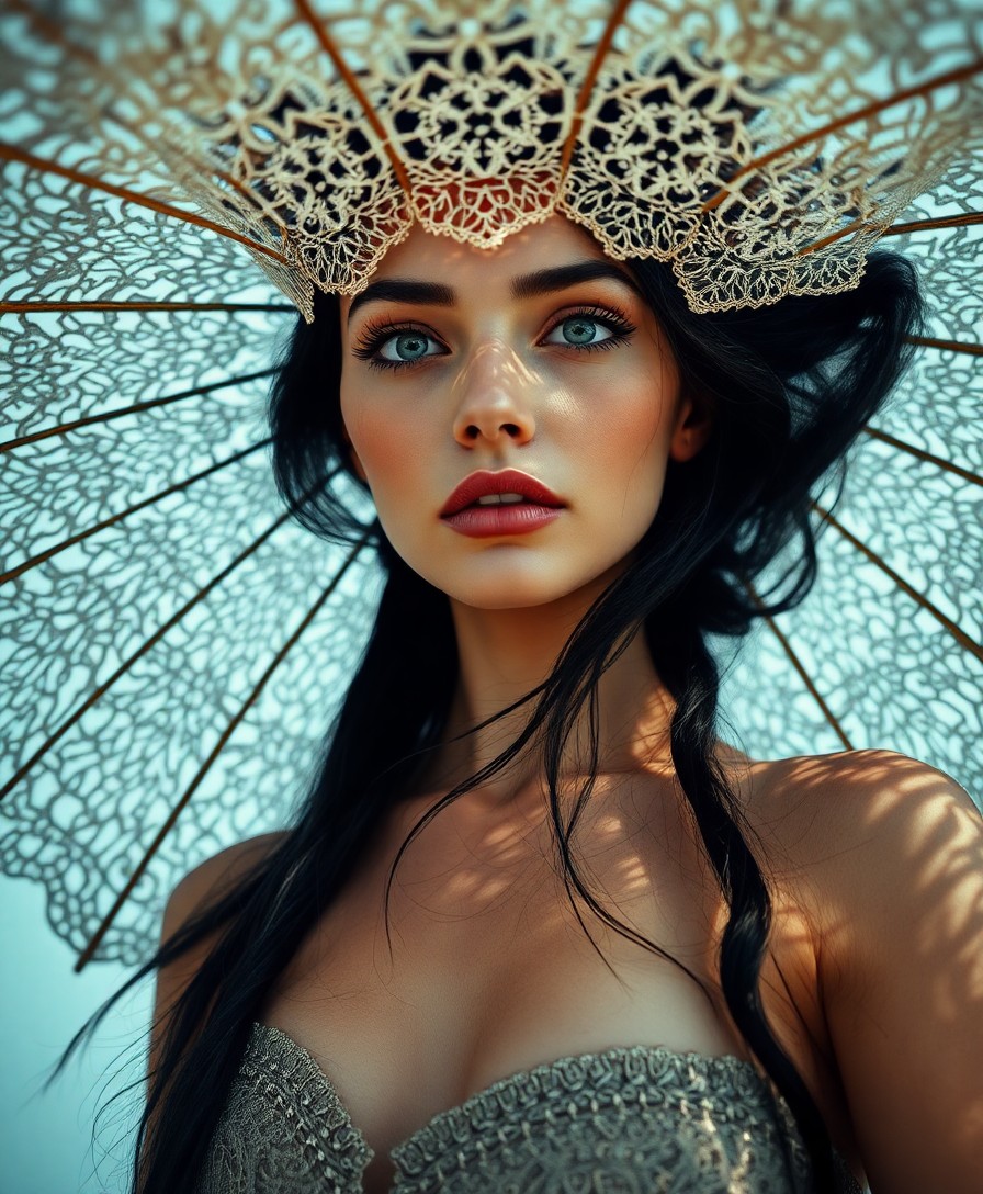 AI generated art for prompt: Create a contemporary fine art portrait of an Amazonian woman with serene green eyes and flowing rav