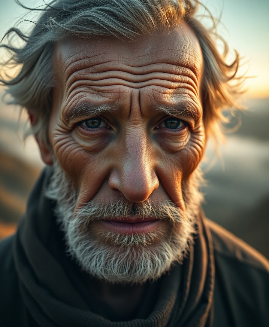 AI generated art for prompt: Create an enigmatic portrait of an elderly wanderer, his face weathered and rugged, with sun-kissed 