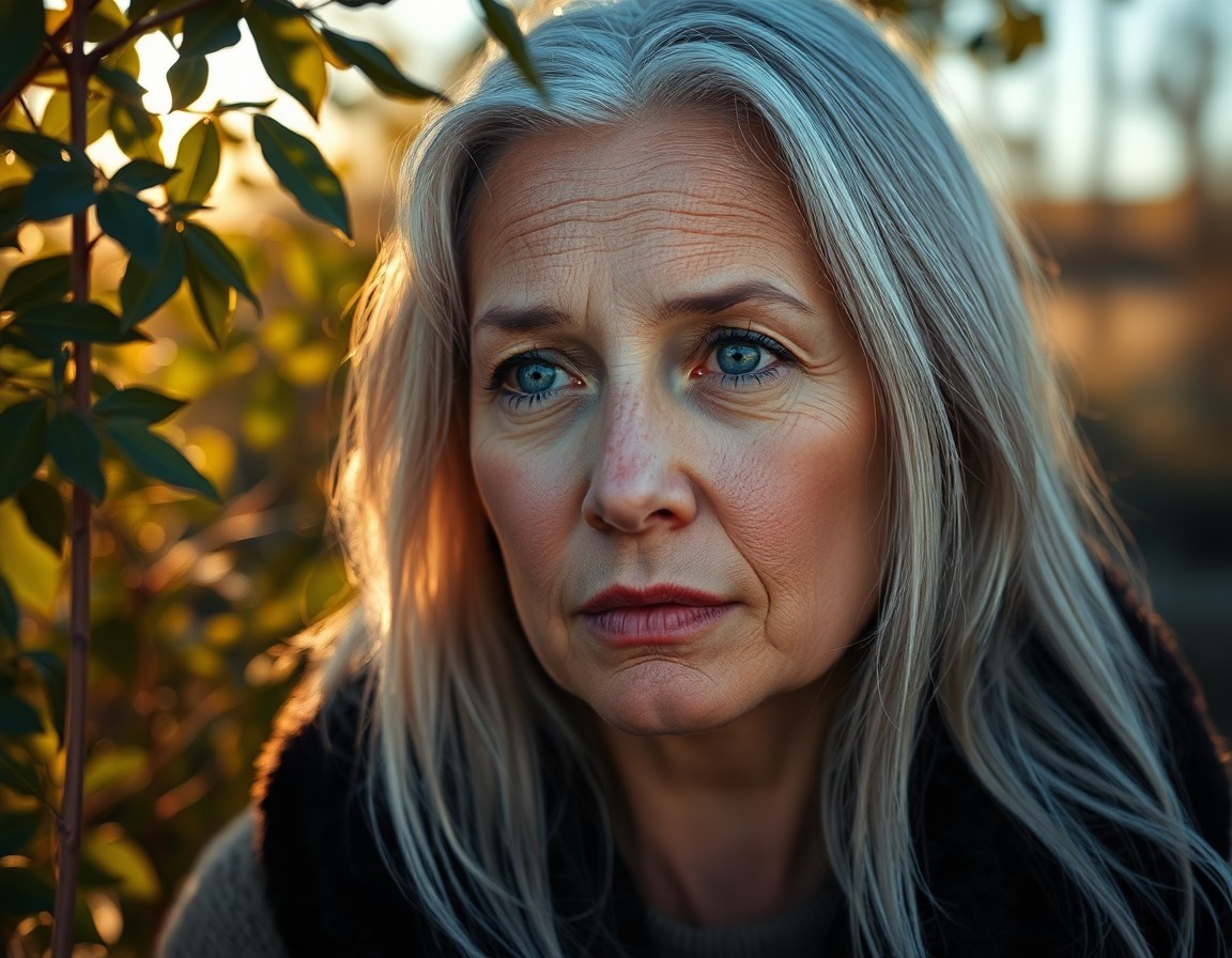 AI generated art for prompt: Visualize a photorealistic portrait of a middle-aged Inuit woman with deep blue eyes and soft silver