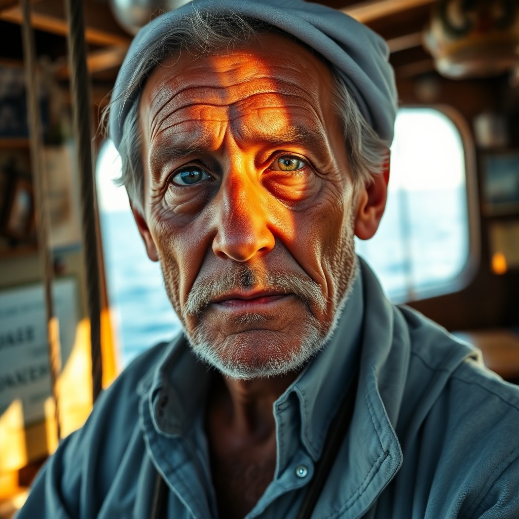 AI generated art for prompt: A photorealistic portrait captures the essence of an old-fashioned sailor on the cusp of retirement 