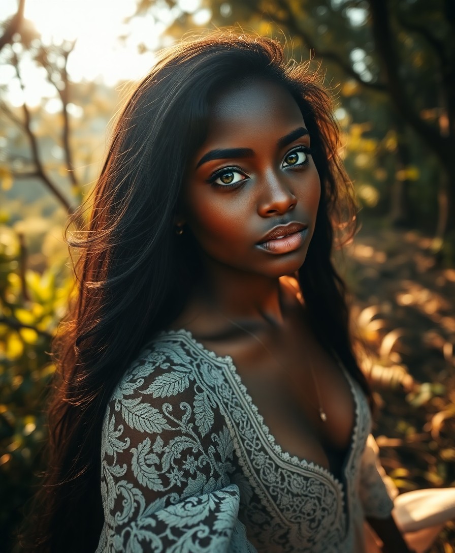 AI generated art for prompt: In this captivating portrait, a strikingly beautiful Sub-Saharan African woman with dreamy green eye