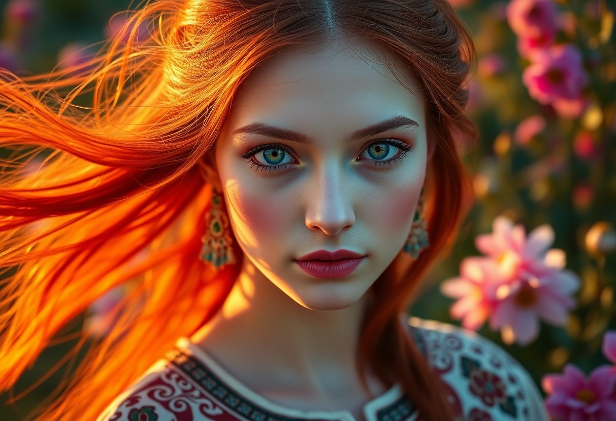 AI generated art for prompt: Create a photorealistic portrait of a young Central Asian woman with porcelain skin and emerald eyes