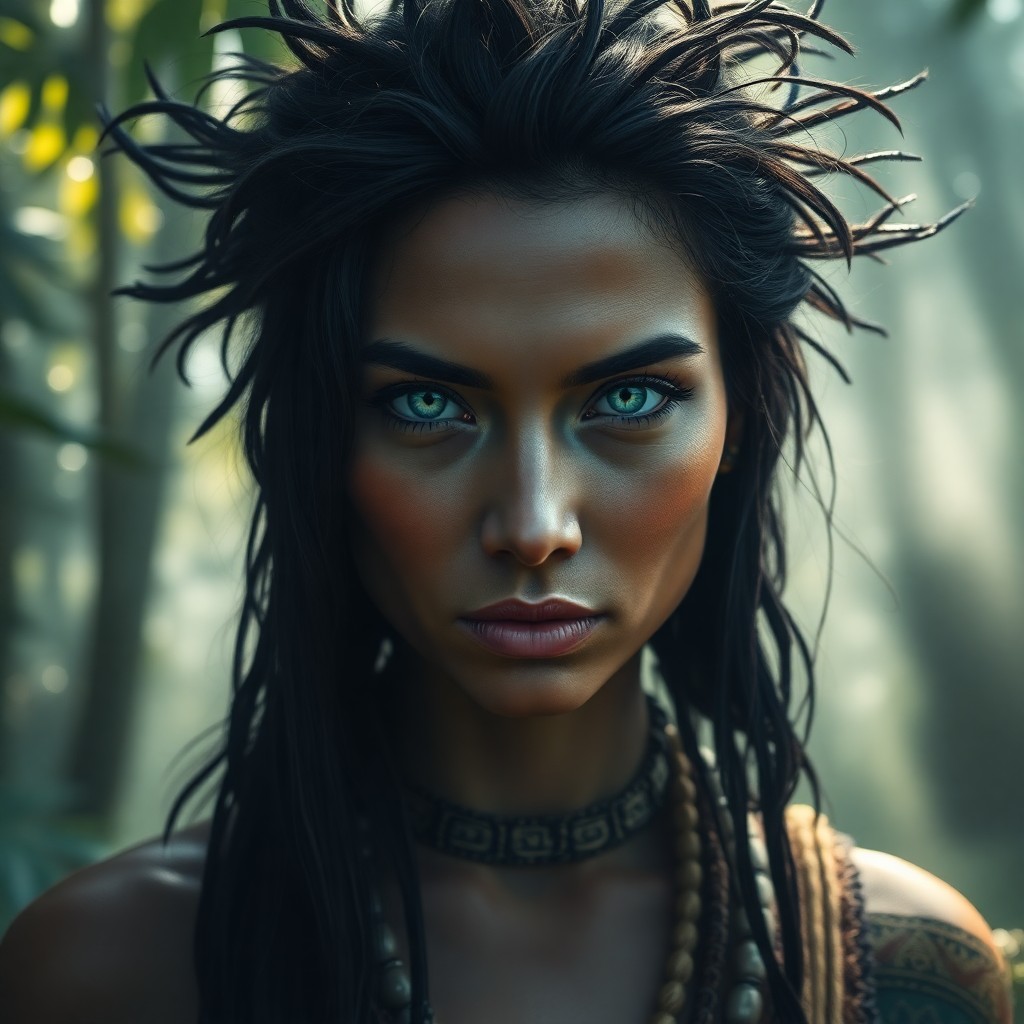 AI generated art for prompt: A highly realistic portrait of a shaman, a woman with piercing turquoise eyes, emerges from the back