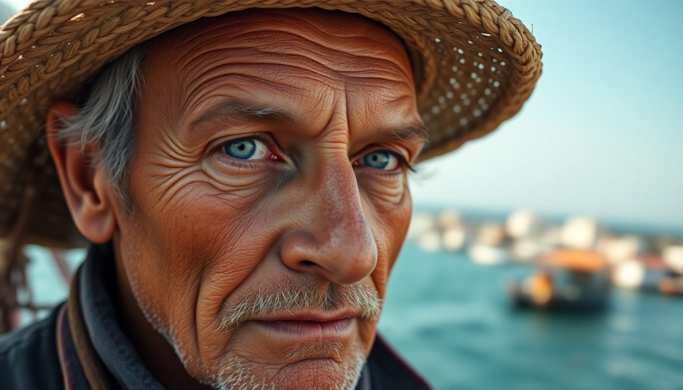 AI generated art for prompt: Create a photorealistic portrait of a seasoned fisherman. His skin is weathered and creased from a l