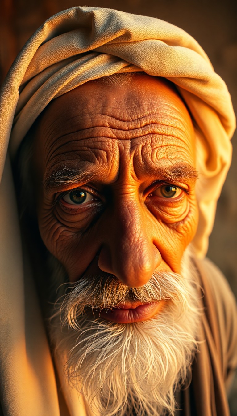 AI generated art for prompt: Create a hyper-realistic oil painting-style image, capturing the portrait of a wise-old Middle Easte