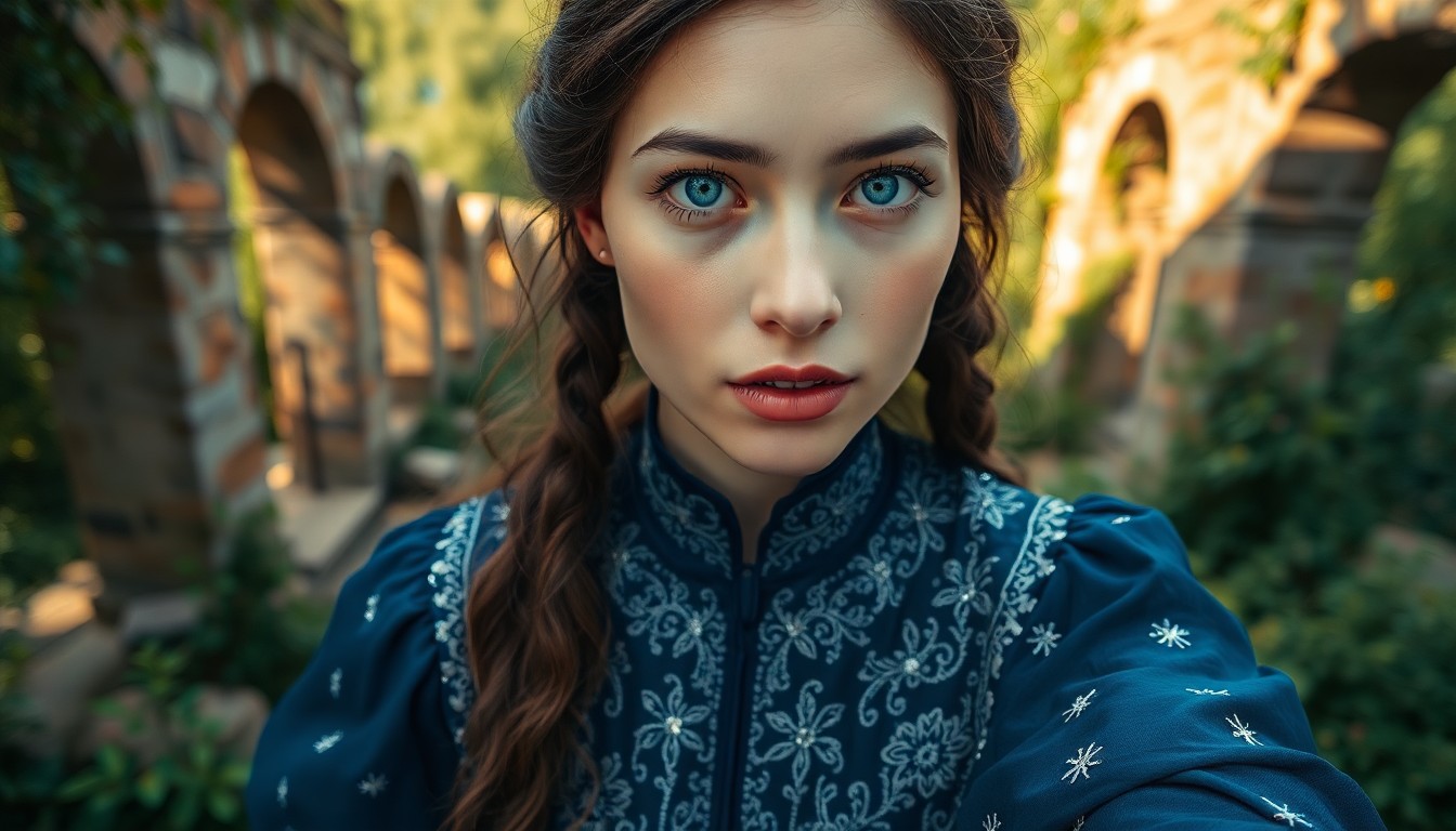 AI generated art for prompt: A stunning portrait captures a young Central Asian woman with piercing azure eyes and porcelain skin