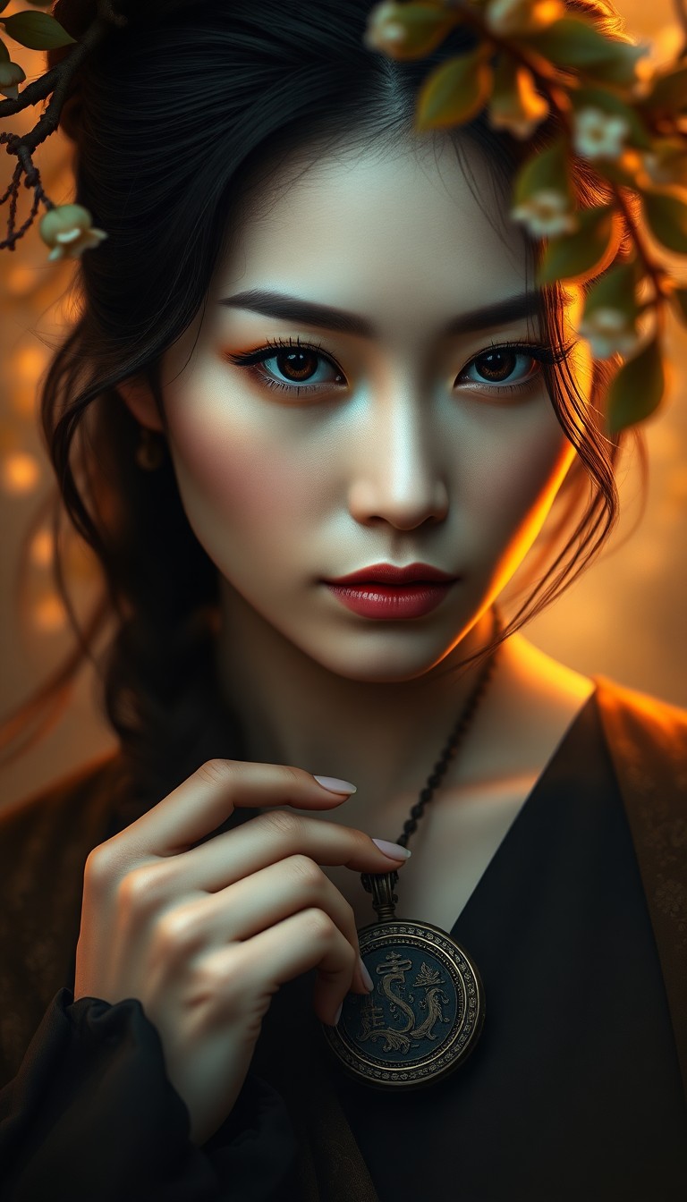 AI generated art for prompt: Create an image of a mysterious East Asian woman with piercing eyes; her expression, a mix of wisdom