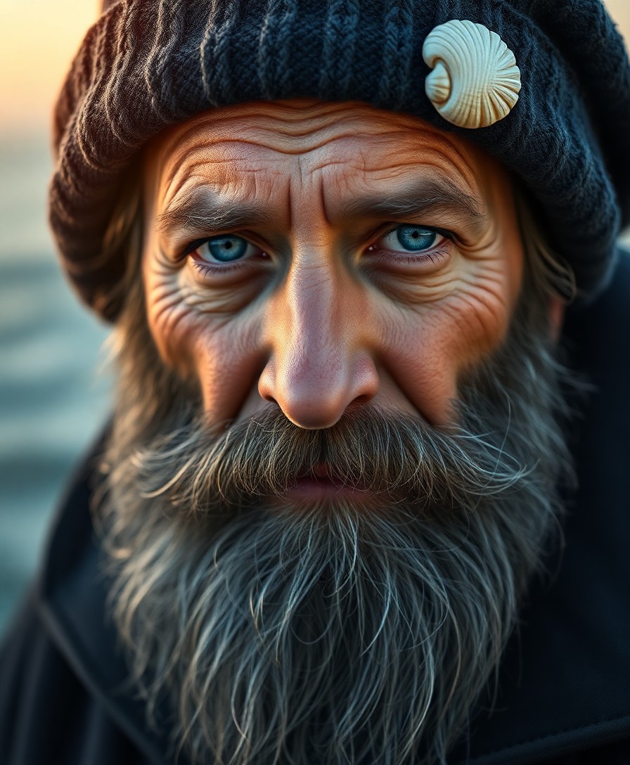 AI generated art for prompt: A highly detailed, hyperrealistic portrait captures the essence of a resilient sailor. His melanchol