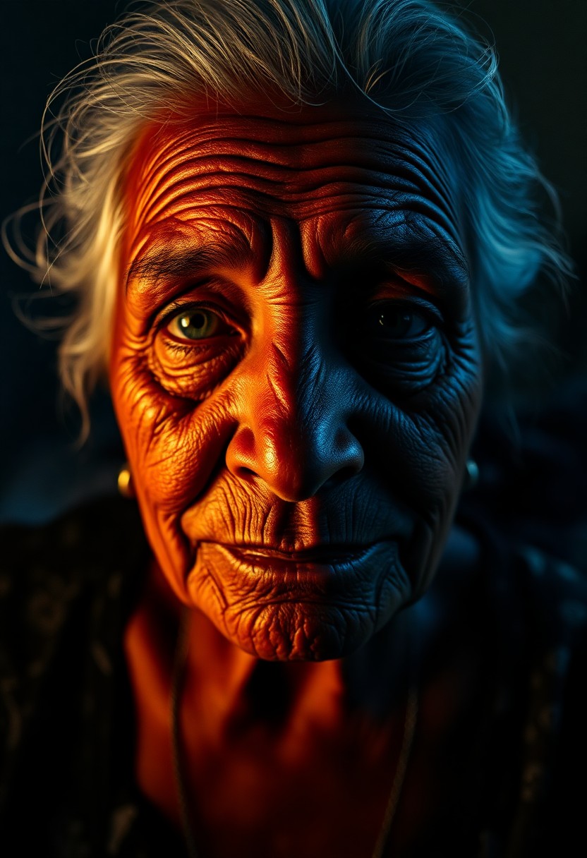 AI generated art for prompt: A high-resolution portrait captures the enigmatic gaze of an elderly Aboriginal woman. Her tranquil 