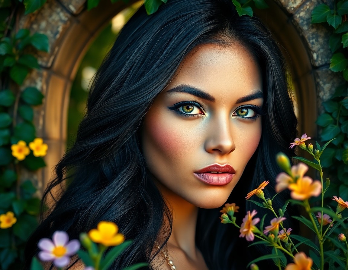 AI generated art for prompt: Create a photorealistic portrait of a Polynesian woman with enigmatic serenity in her vibrant green 