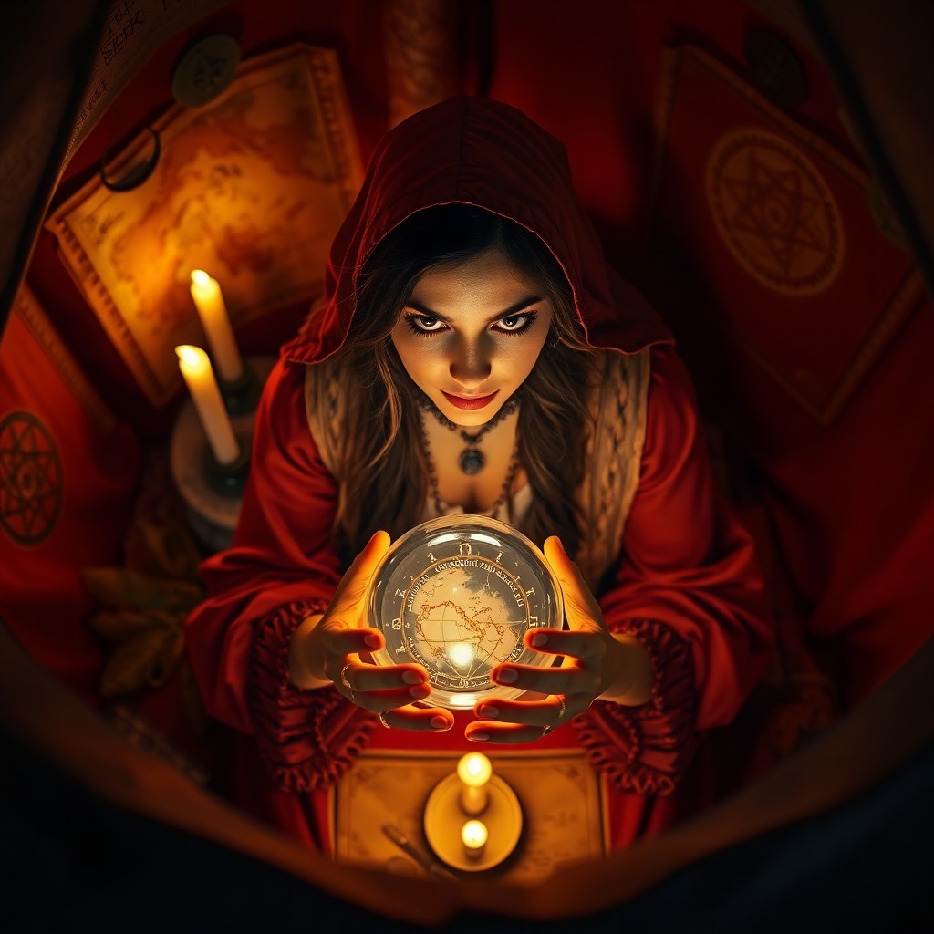 AI generated art for prompt: Capture a hyperrealistic portrait of a mysterious fortune teller from an unusual aerial perspective,