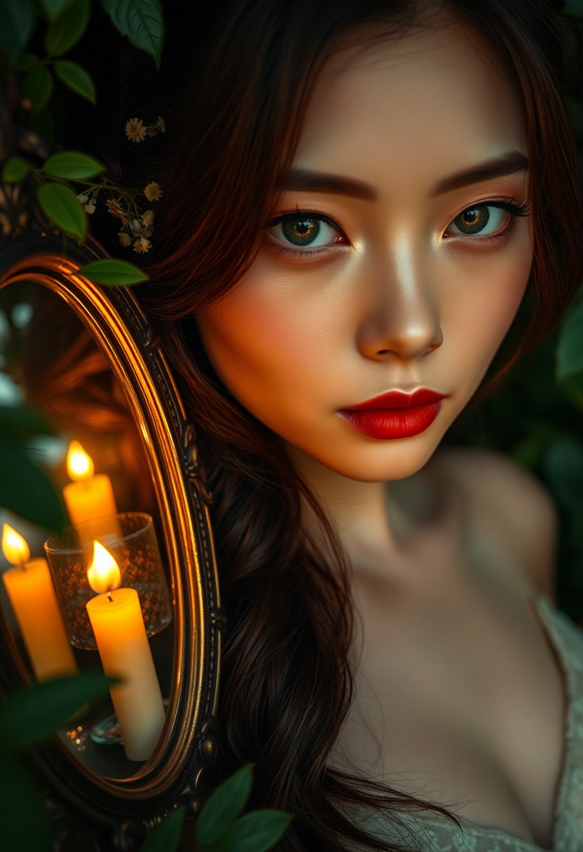 AI generated art for prompt: A captivating portrait captures the enigmatic allure of an East Asian woman bathed in twilight's emb