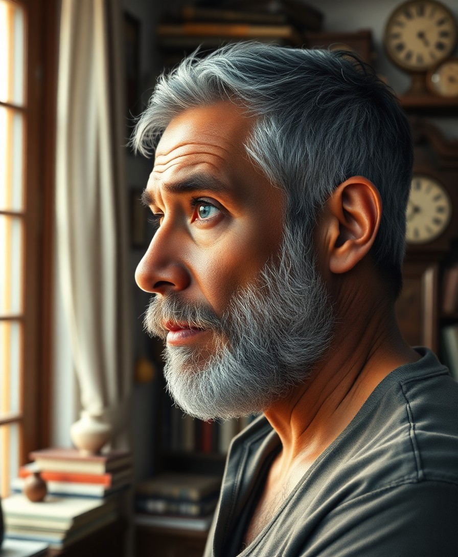 AI generated art for prompt: A hyperrealistic portrait of a charismatic middle-aged Melanesian man with shy, blue eyes, short sal