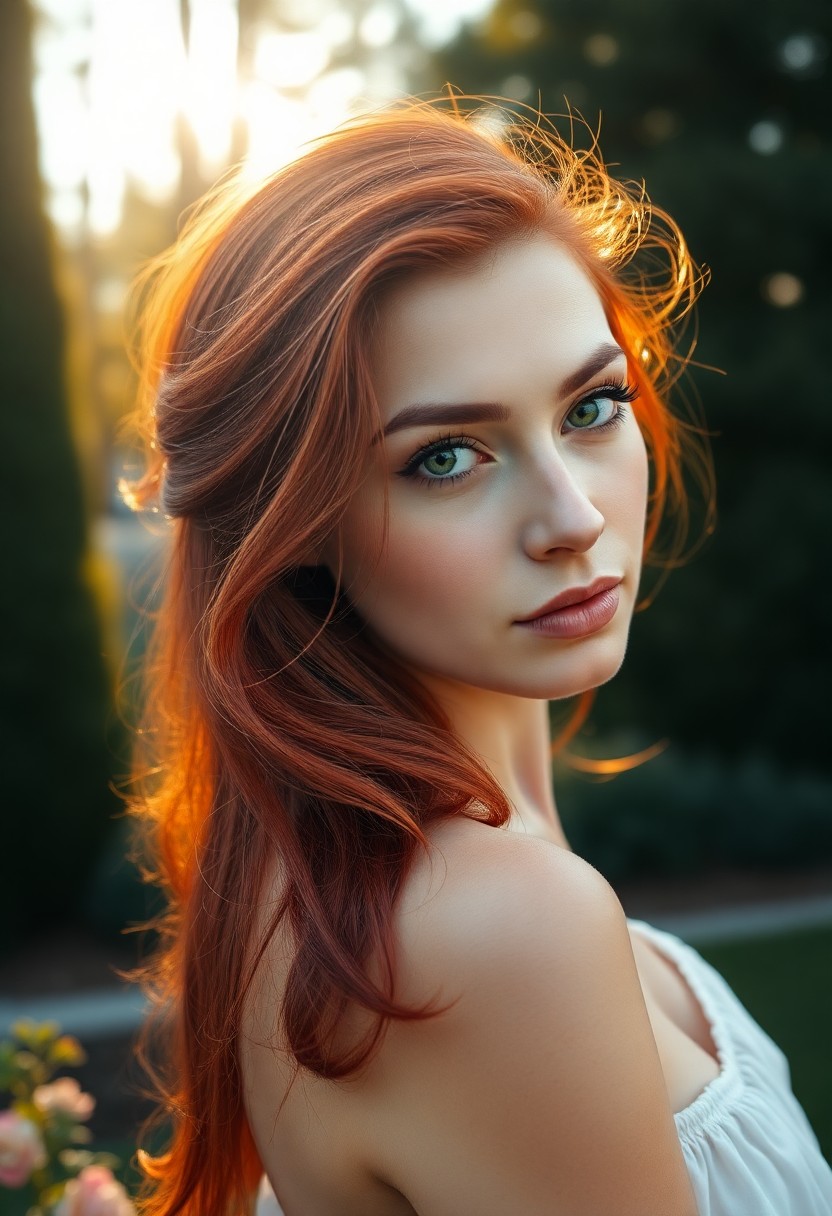 AI generated art for prompt: Create a photorealistic portrait of a captivating Western European woman with vibrant red hair flowi