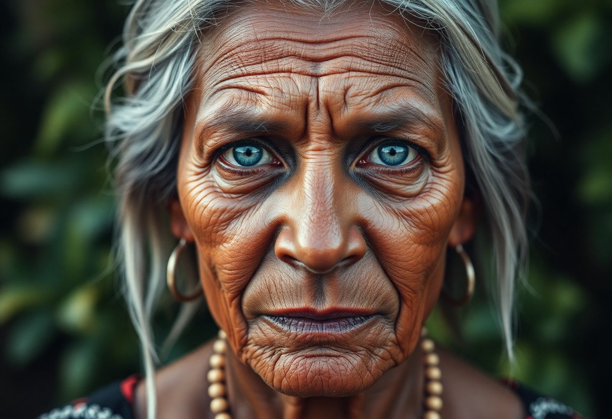 AI generated art for prompt: Create a photorealistic portrait of a middle-aged Aboriginal woman with serene blue eyes and silver-