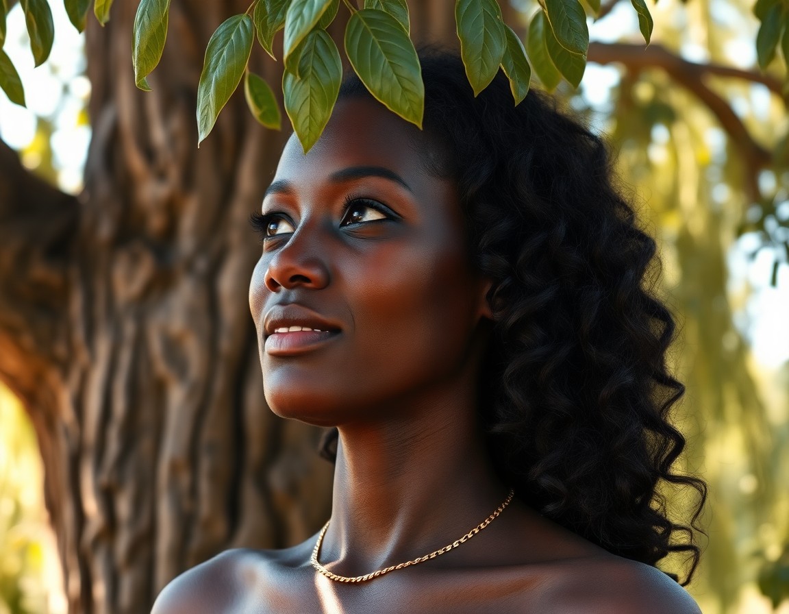 AI generated art for prompt: Create an enchanting portrait of an African woman with deep olive skin and dark, wavy hair. Captured