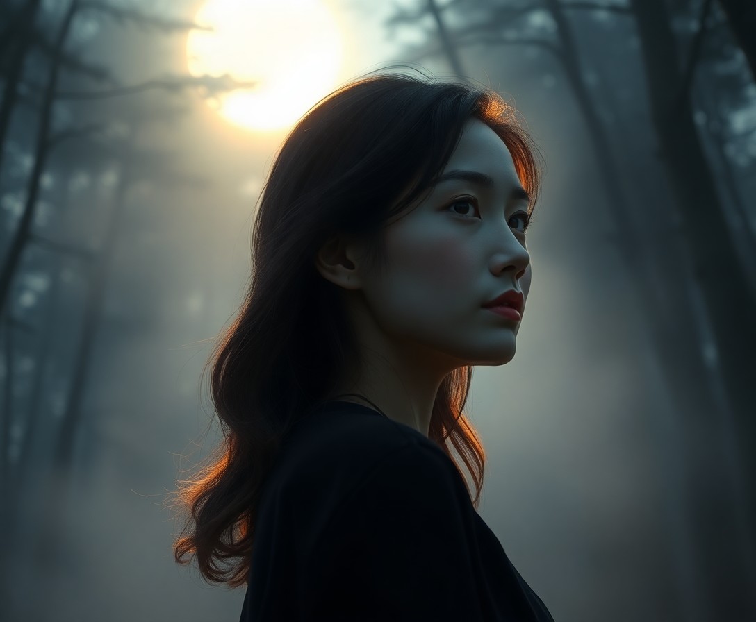 AI generated art for prompt: A hauntingly beautiful digital art portrait depicts a young East Asian woman with an ethereal glow e