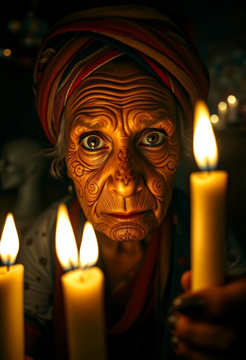 AI generated art for prompt: A striking portrait photograph captures a wise old fortune teller in a dimly lit, mystical room. Fli