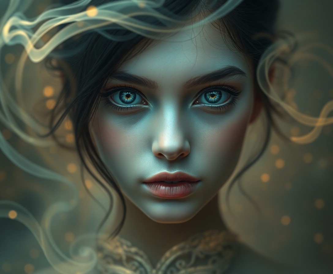 AI generated art for prompt: Create an enchanting portrait of a captivating figure with an enigmatic gaze, set against an etherea