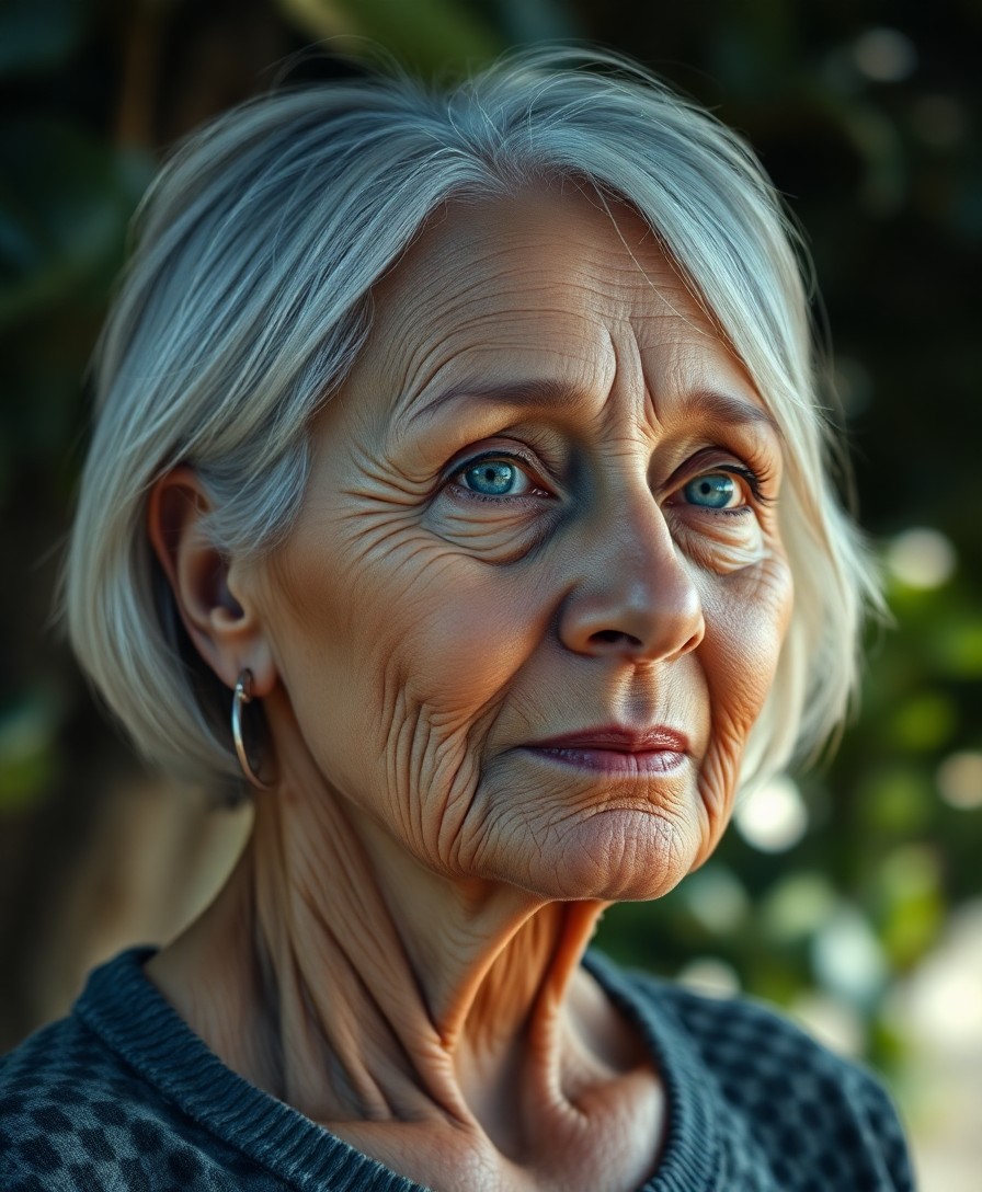 AI generated art for prompt: Create a photorealistic portrait of an elderly Latin American woman with gentle wrinkles, melancholi