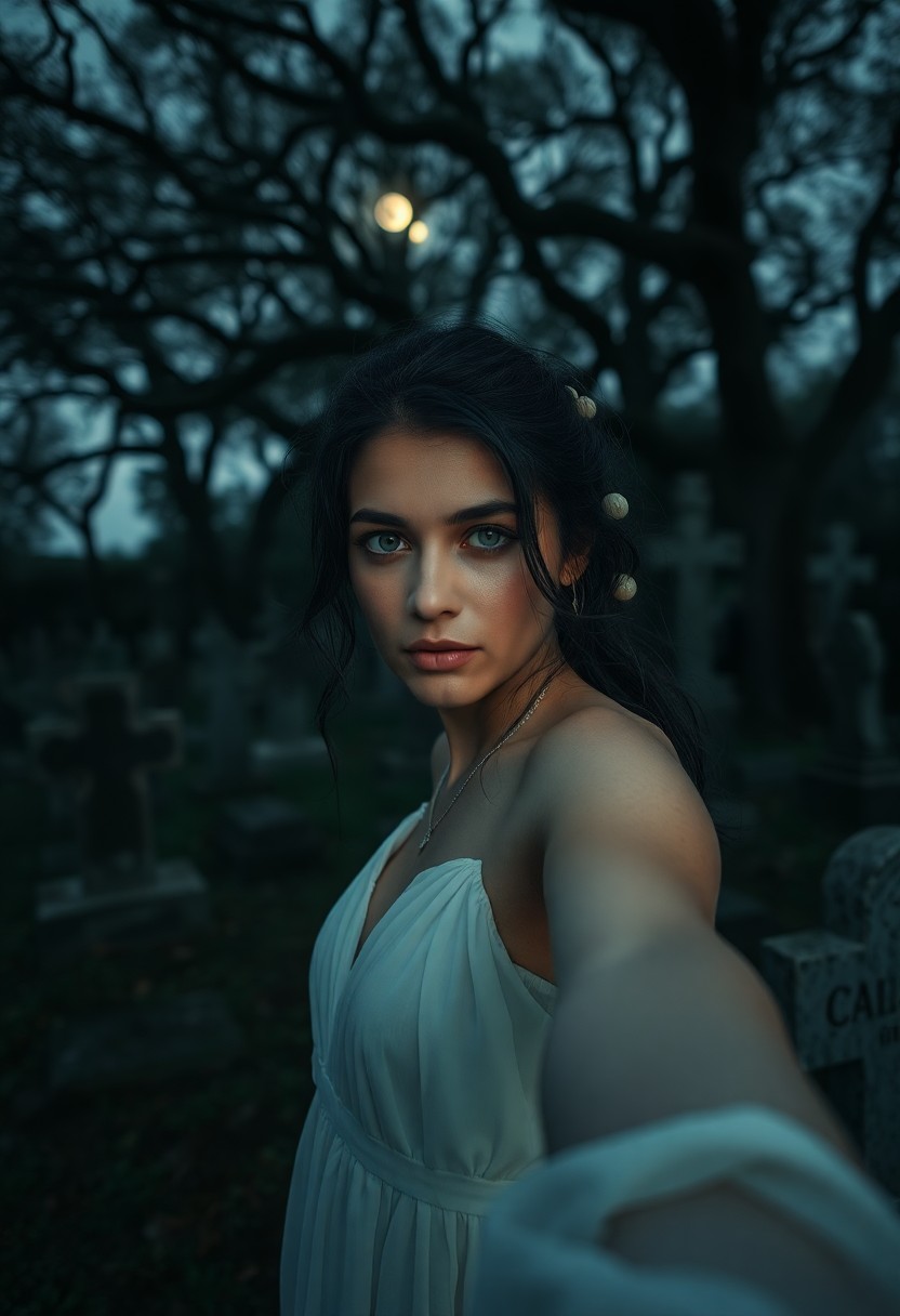 AI generated art for prompt: A haunting portrait emerges from the shadows of an ancient cemetery at twilight. The subject is a La