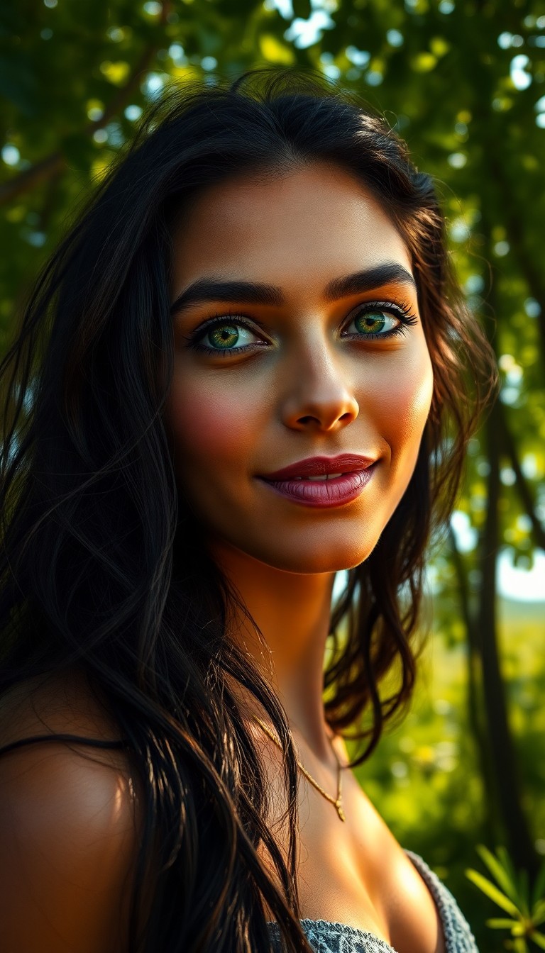 AI generated art for prompt: A North African woman, with piercing emerald eyes and cascading raven tresses, stands in the foregro