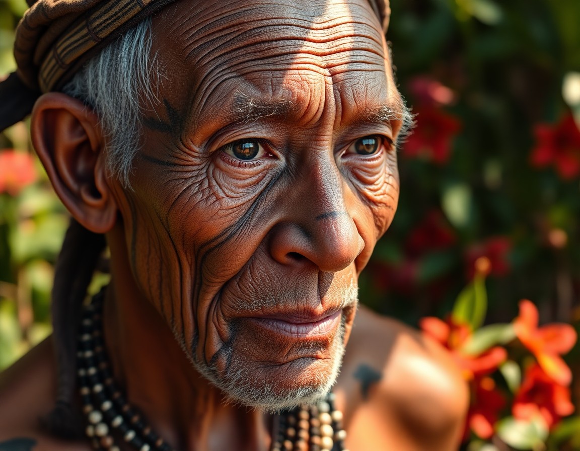 AI generated art for prompt: A hyperrealistic portrait of a tribal elder, their aged face and body adorned with intricate tattoos