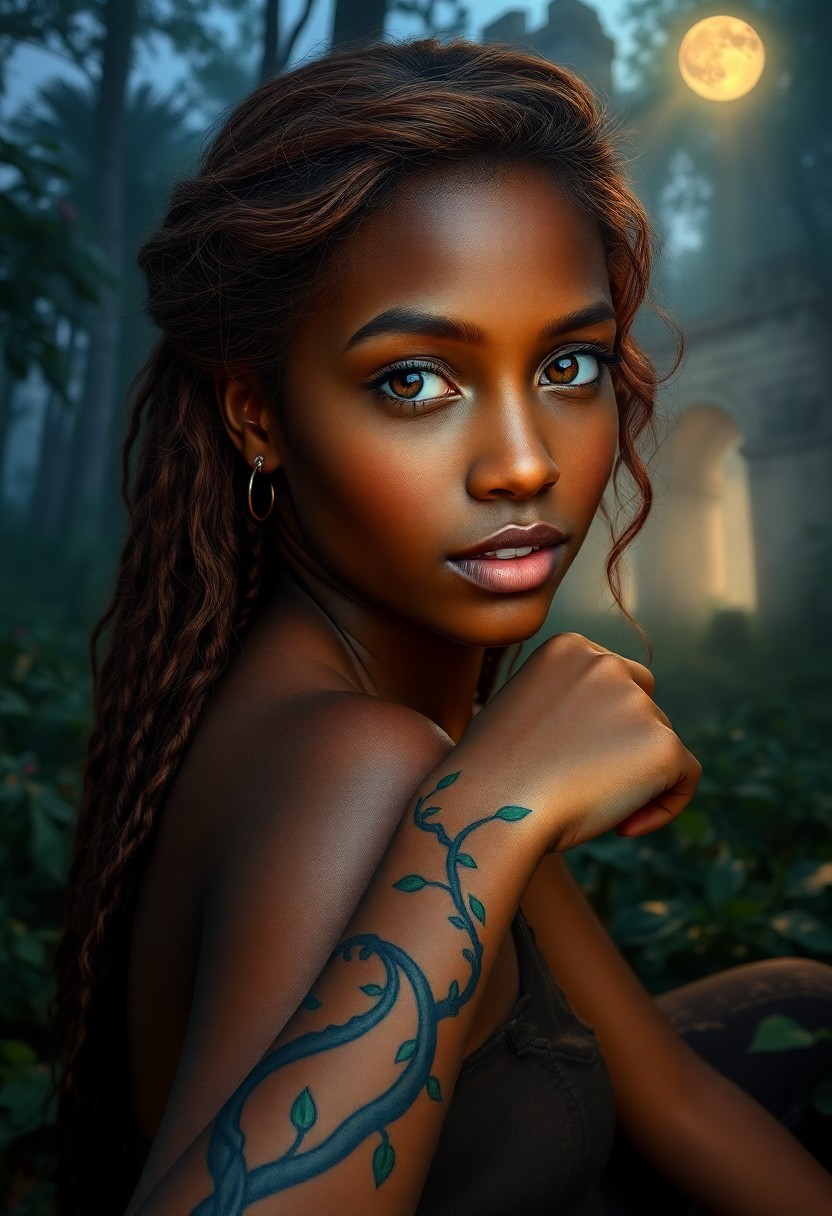 AI generated art for prompt: A captivating super-realistic portrait of a young Sub-Saharan African woman with chestnut hair and g