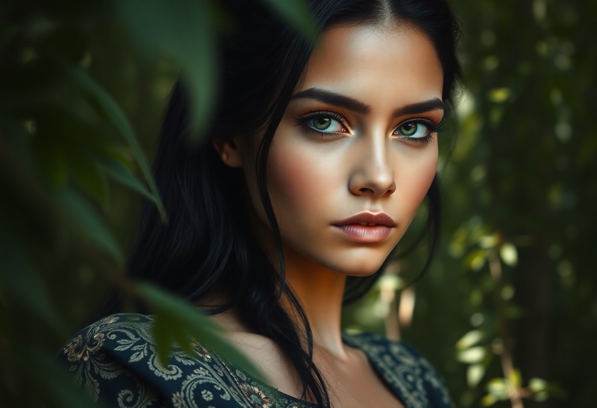 AI generated art for prompt: Create an image of a close-up portrait of a Latin American woman with clouded green eyes. Her raven-