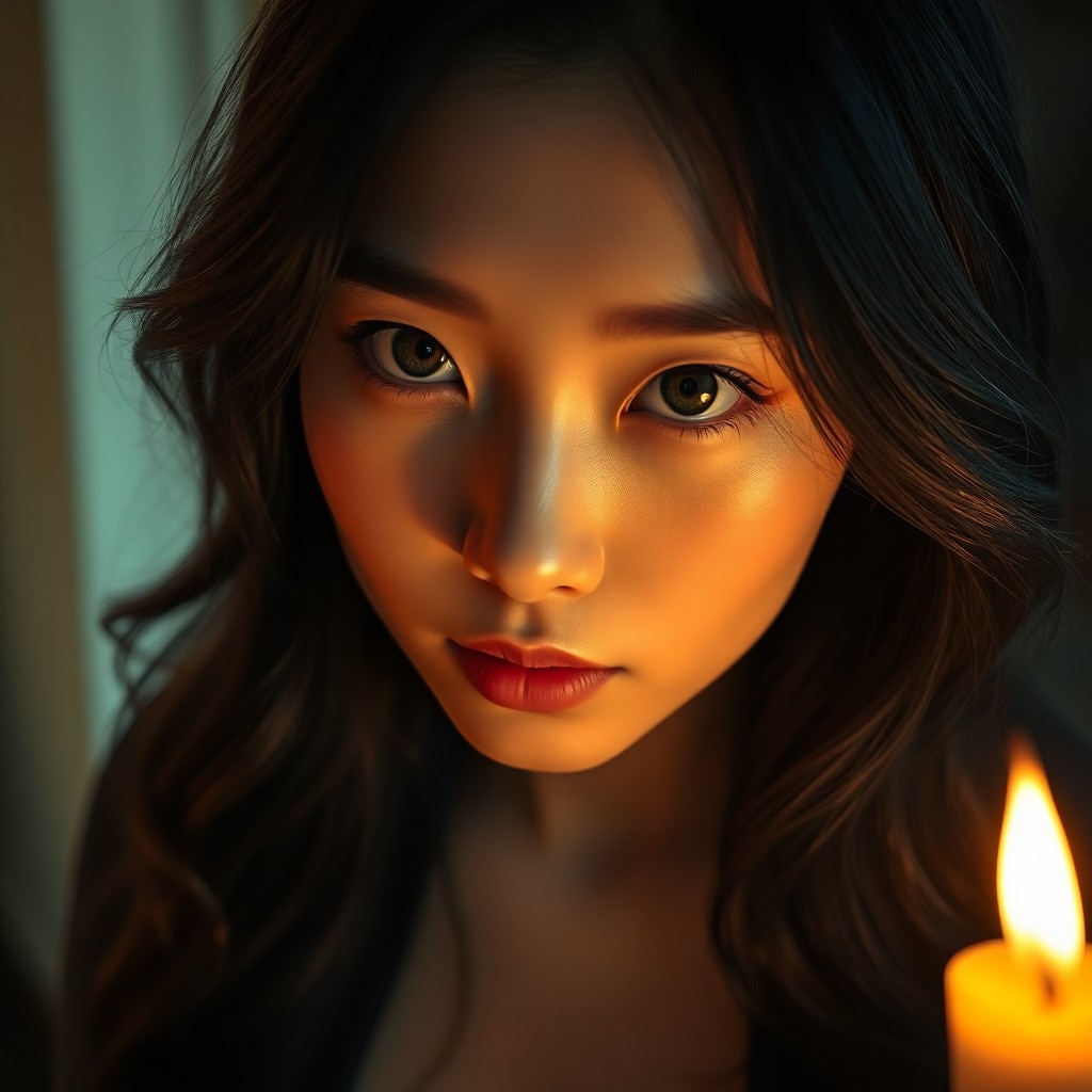 AI generated art for prompt: Visualize a hyperrealistic portrait of a captivating young East Asian woman with porcelain skin and 