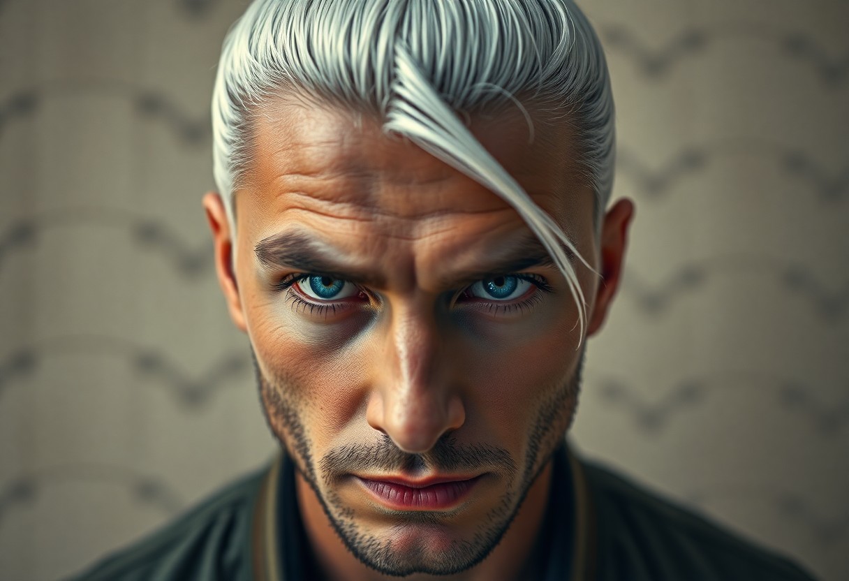 AI generated art for prompt: A hyperrealistic portrait of a Slavic man with deep blue eyes and striking white hair styled into a 