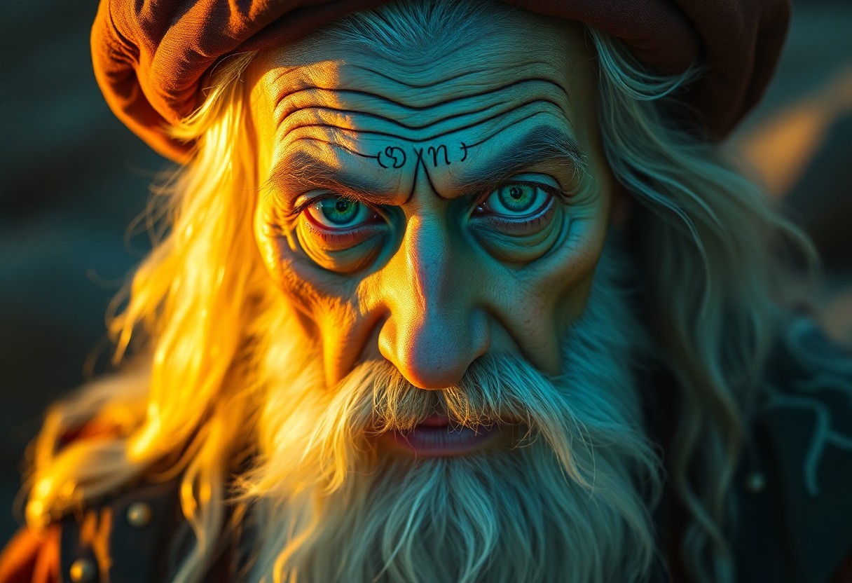 AI generated art for prompt: Create a photorealistic portrait of an astute old wizard with piercing emerald eyes and a flowing wh