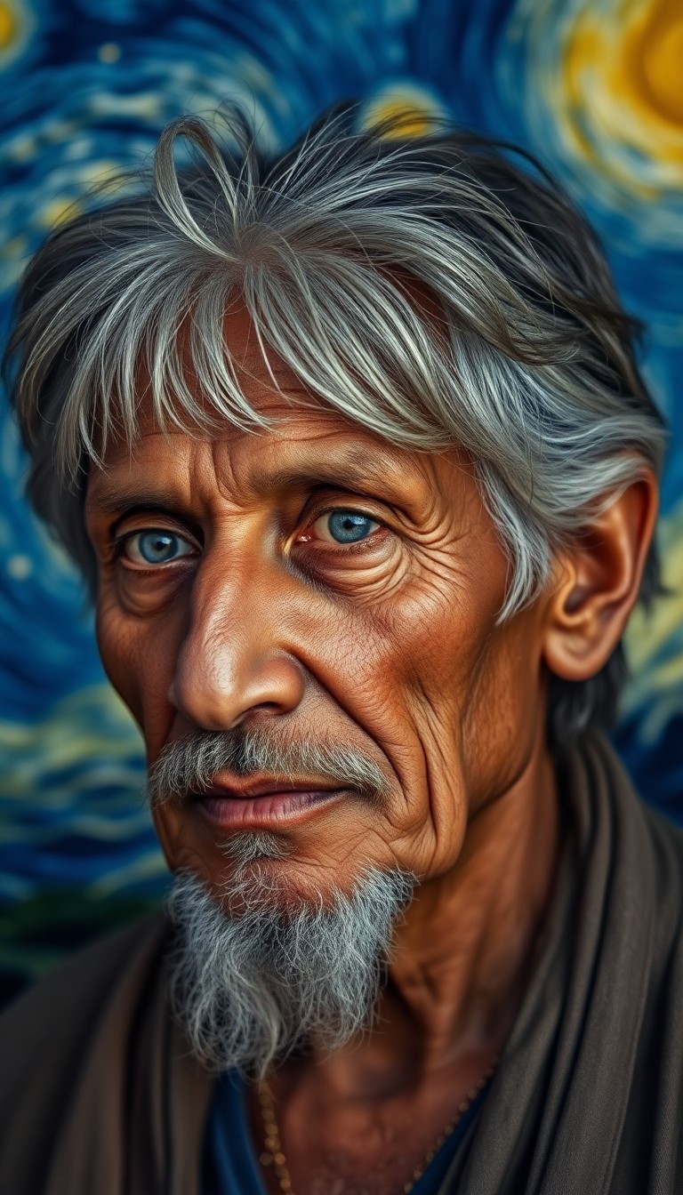 AI generated art for prompt: Imagine an ultra-realistic portrait of a rustic yet wise-looking elderly South Asian man. His hair, 