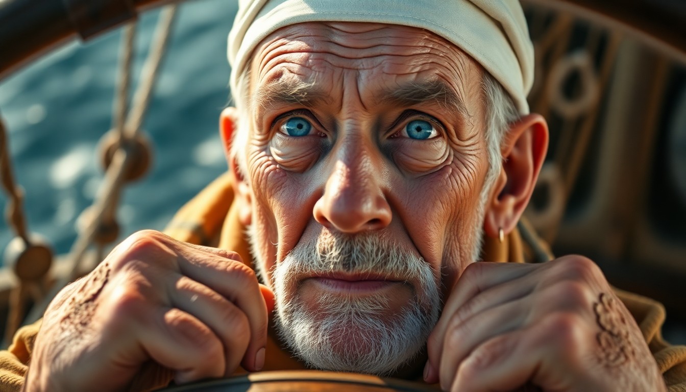 AI generated art for prompt: Create a hyperrealistic portrait of an aged sailor, his sun-kissed skin and dreamy blue eyes gazing 