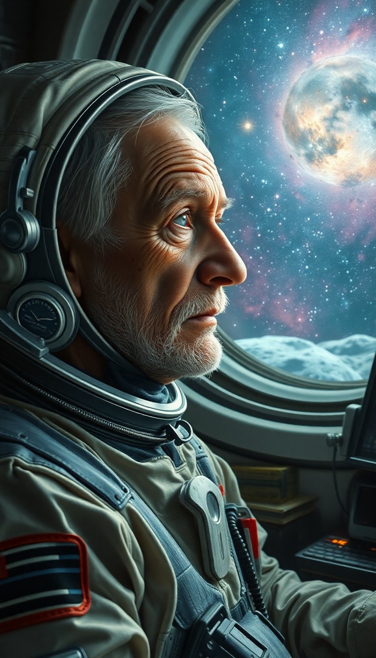 AI generated art for prompt: Imagine a captivating hyperrealistic portrait of an aged astronaut with a shabby-chic demeanor, pens