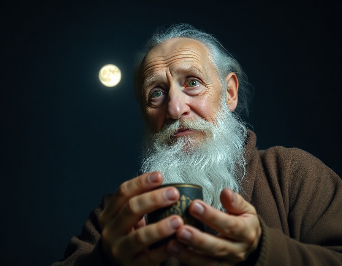 AI generated art for prompt: A portrait photograph captures a wise old sage with soft green eyes and a long white beard, set agai