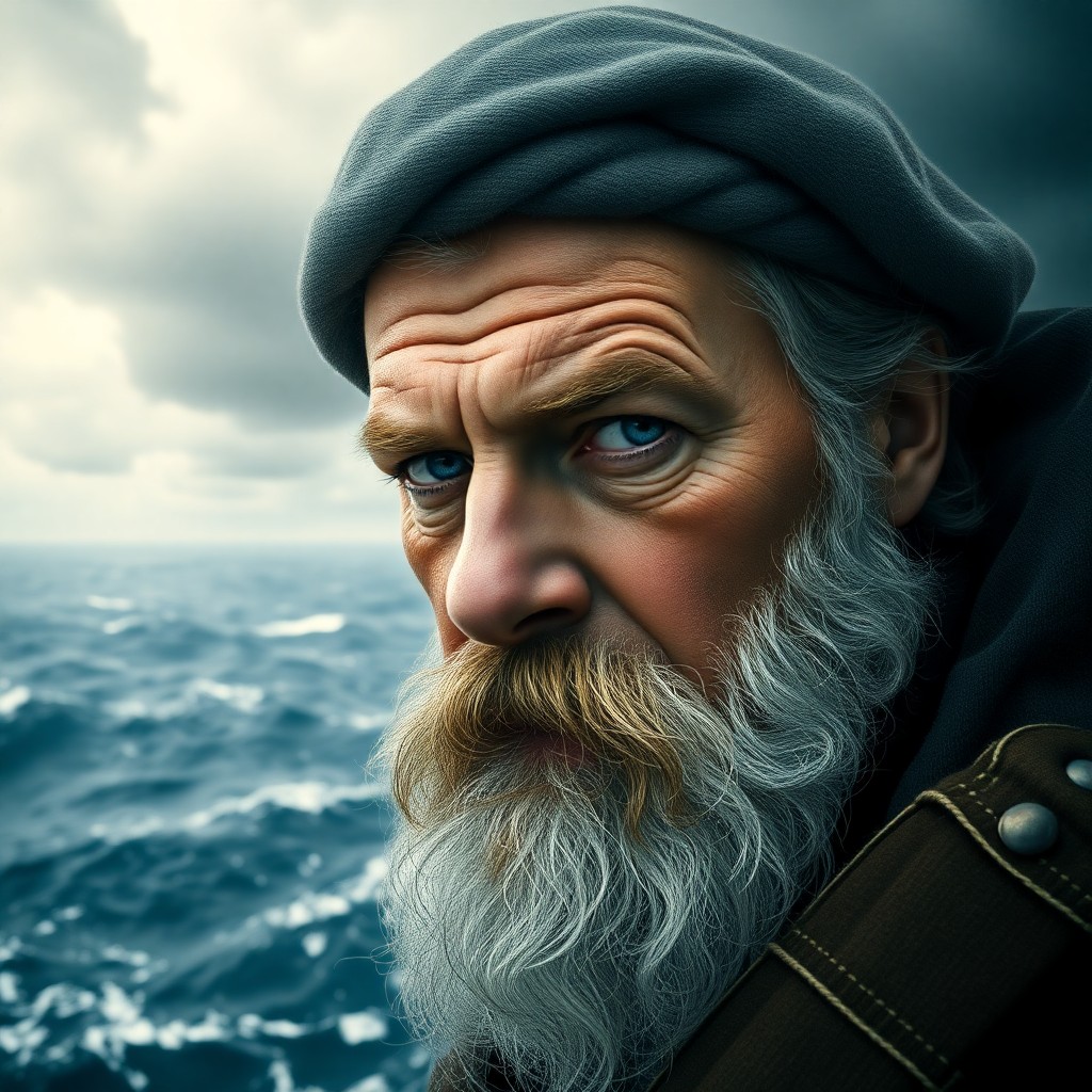 AI generated art for prompt: Create an captivating ultra-realistic portrait of a rugged, enigmatic sea captain with gentle blue e